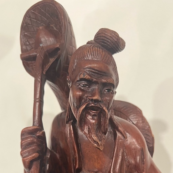 19th Cent Vintage Japanese Carved Wood Fisherman with Boy, Fish and Fishing Net - Picture 2 of 12